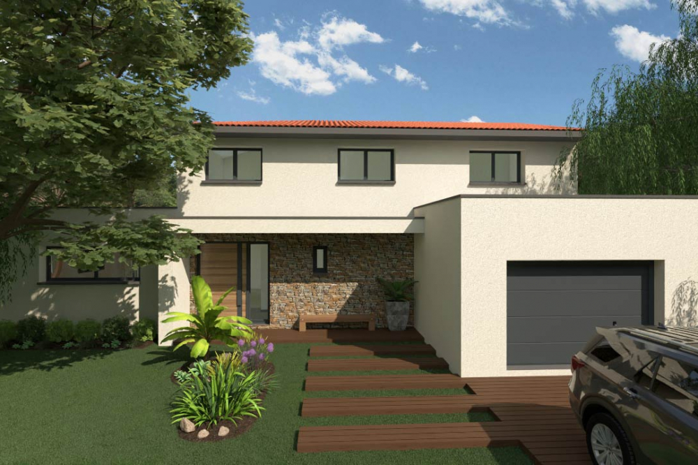 villa-contemporaine-demi-etage-130m²-facade-avant-parking